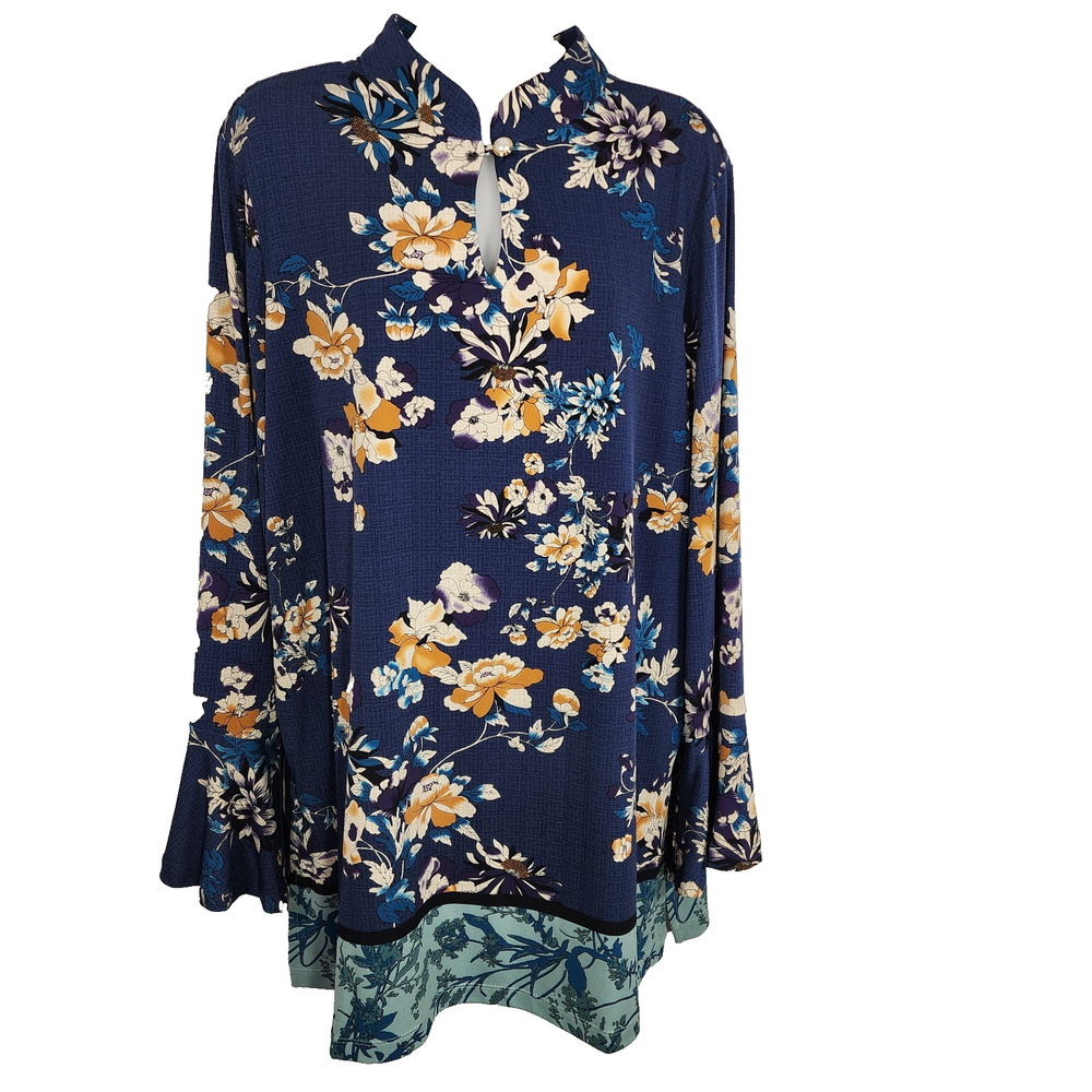 Susan Graver Womens Printed Liquid Knit Tunic Keyhole Trim Large Flounce A343067